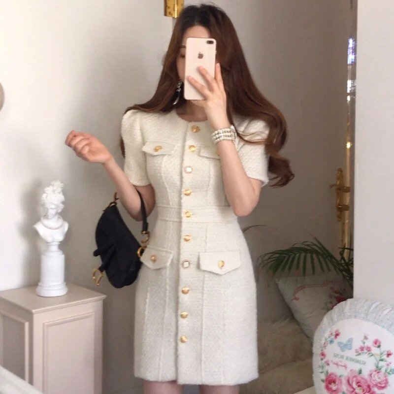 spring summer Fashion French Vestidos Female Round Neck Chic Metal Buckle Slim Slimming Short-sleeved Tweed Mini Dress KK634