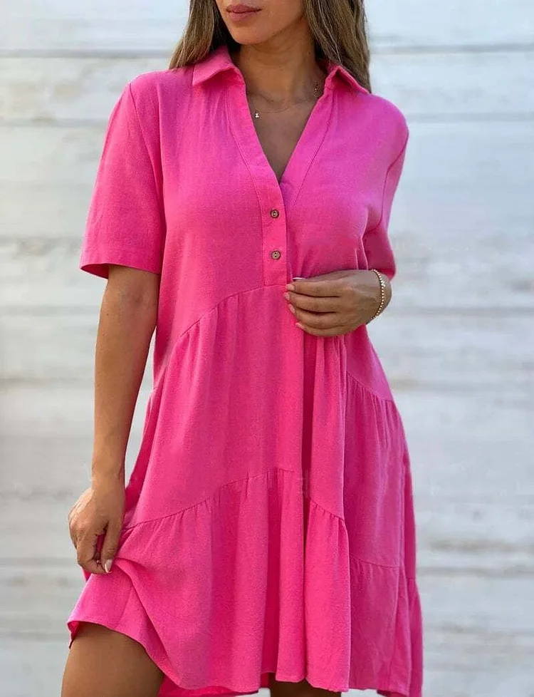 🎁LAST DAY SALE -49% OFF🎁 Women Loose Solid Color Lapel Leisure Short Sleeve Cotton Linen Dress
