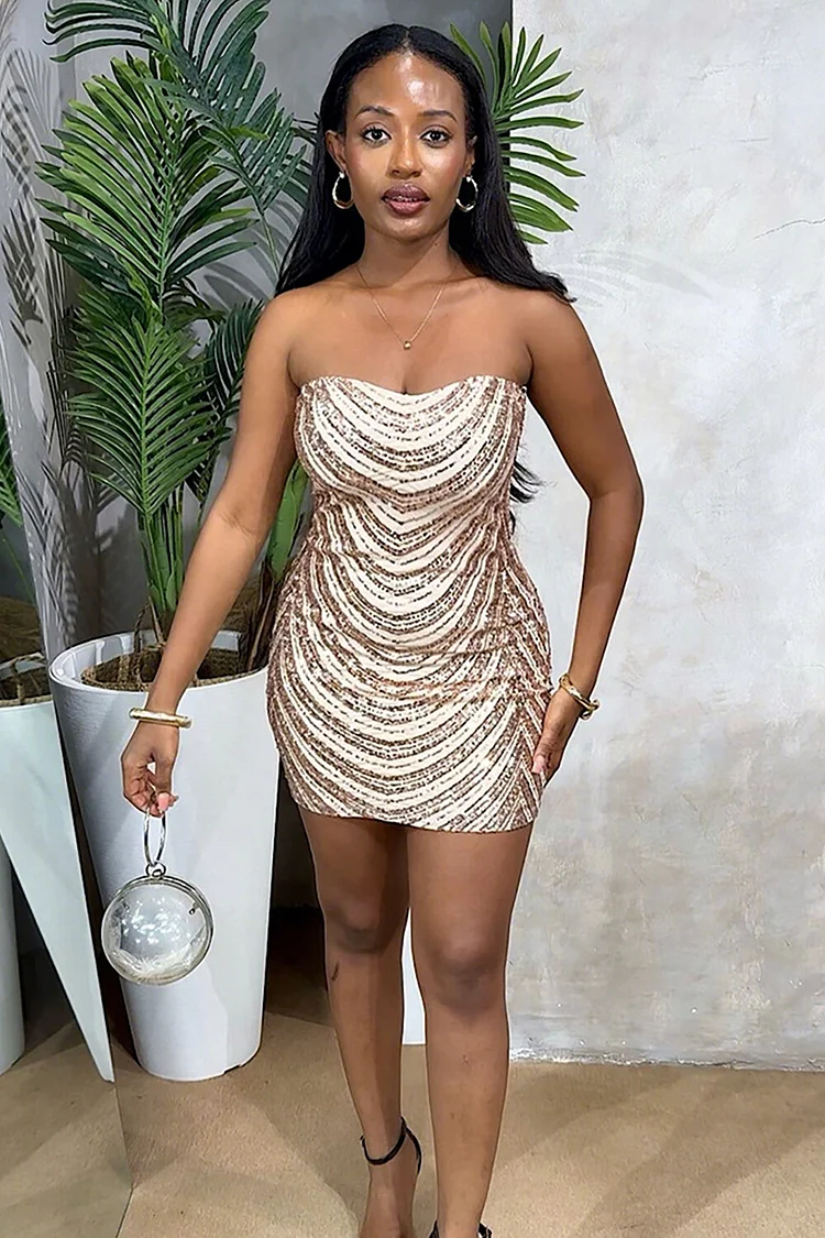 Sweetheart Neckline Strapless Sequin Bodycon Party Mini Dresses-Pink