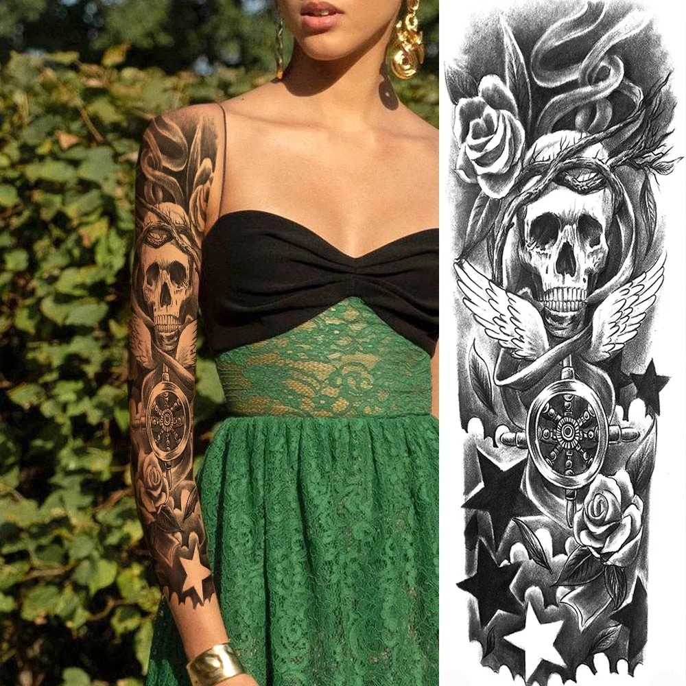 For Men Women Body Art Full Arm Sleeve Black Flower Tatoo Water Transfer Fake Tattoo Stickers Large Compass Temporary Tattoos