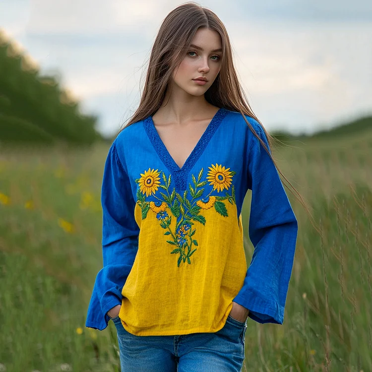 Lunivibe Ukraine Sunflower Embroidery Blend Linen V Neck Loose Blouse