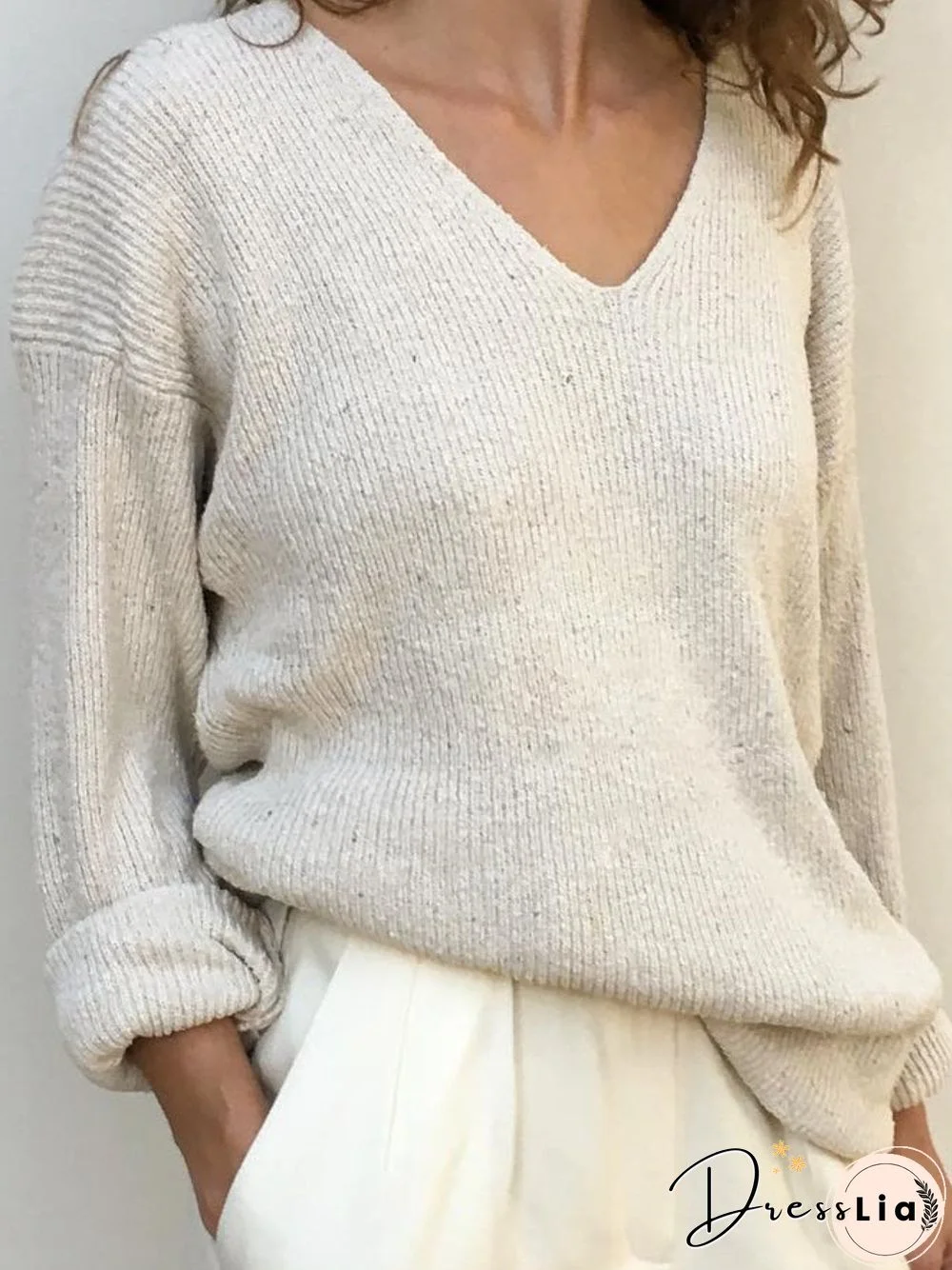 Woman Wool Blend Casual Solid V Neck Shirts & Tops