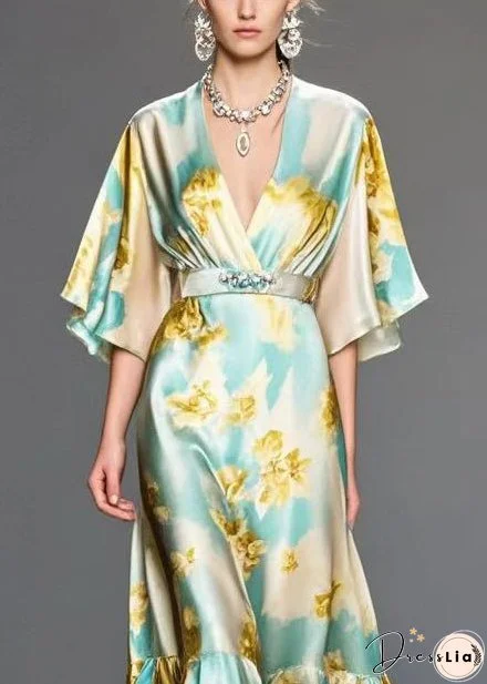 Modern Light Blue Print Silk Long Dresses Cinched Summer
