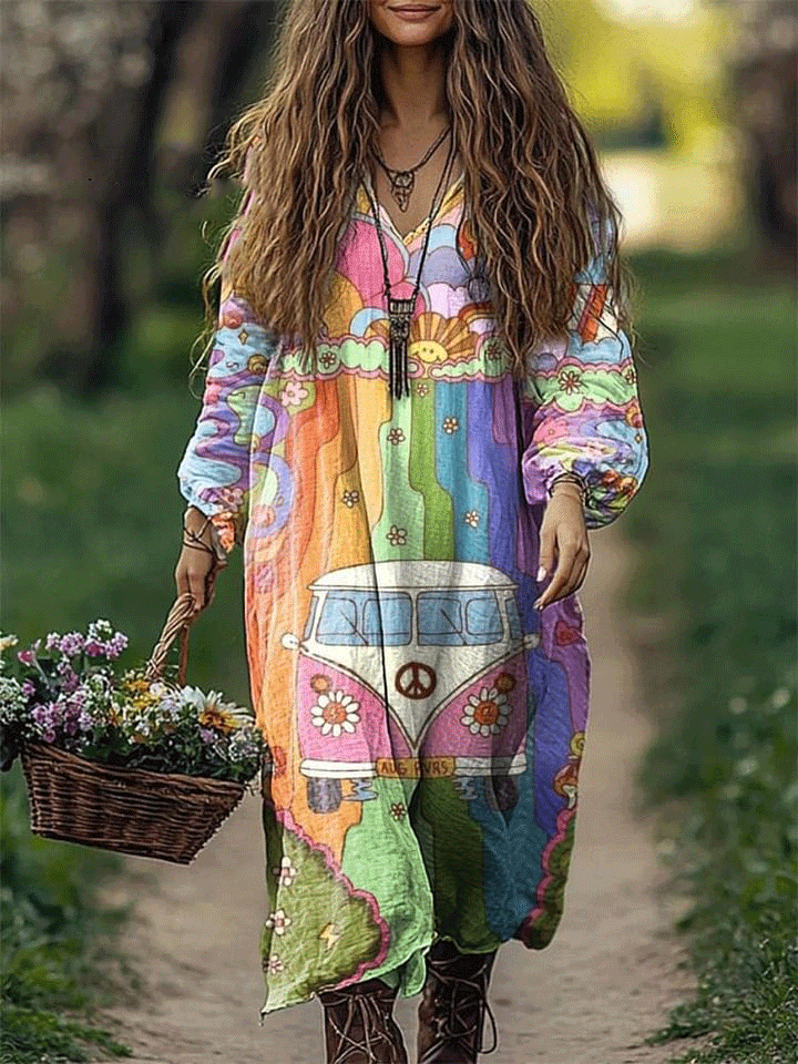 Women's Peace Love Hippie Car Art Print Loose V Neck Pocket Cotton Dress