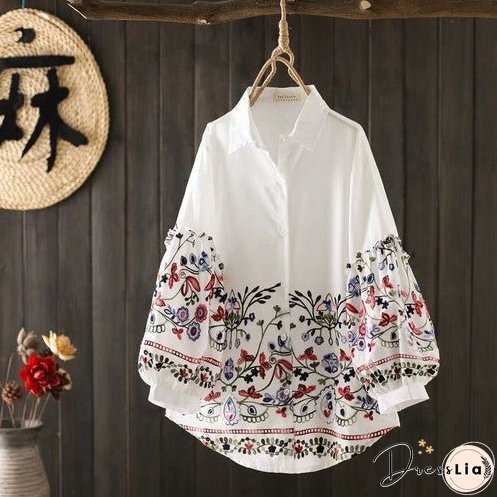 National style heavy industry embroidered white shirt