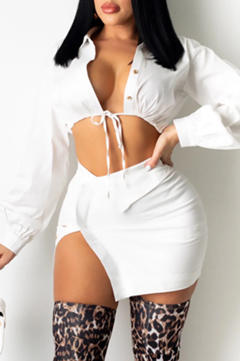 Fashion Sexy Solid Bandage Turndown Collar Long Sleeve Two Pieces