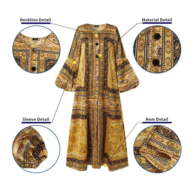 Women Maxi Dresses 3 Colors VONDA Ladies Autumn Button Down Long Sleeve Printed Dress Kleid Sundress Vintage Vestidos Femme Robe