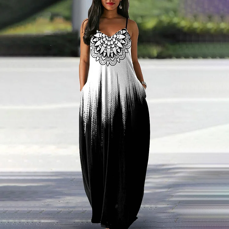 Vefave Sling Black and White Tribal Contrast Maxi Dress