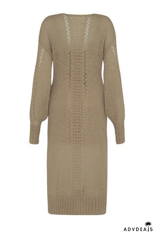 Hollow V Neck Long Sleeve Sweater Dress