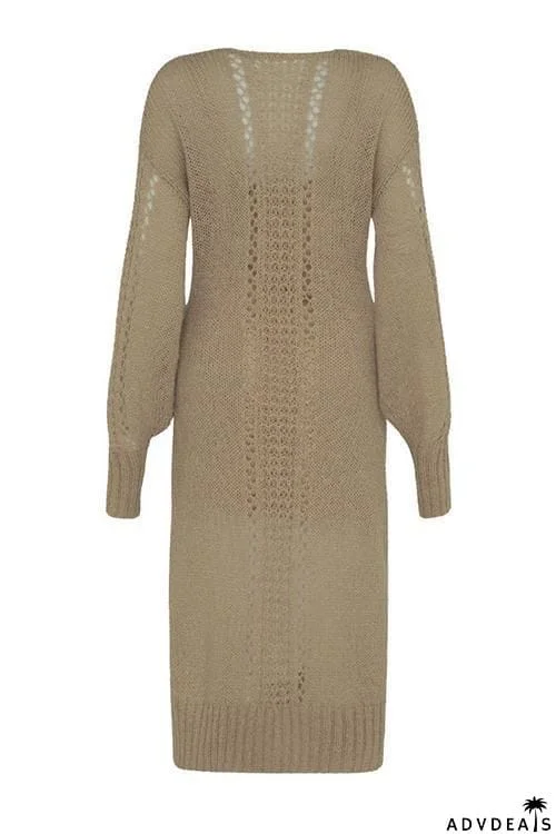 Hollow V Neck Long Sleeve Sweater Dress