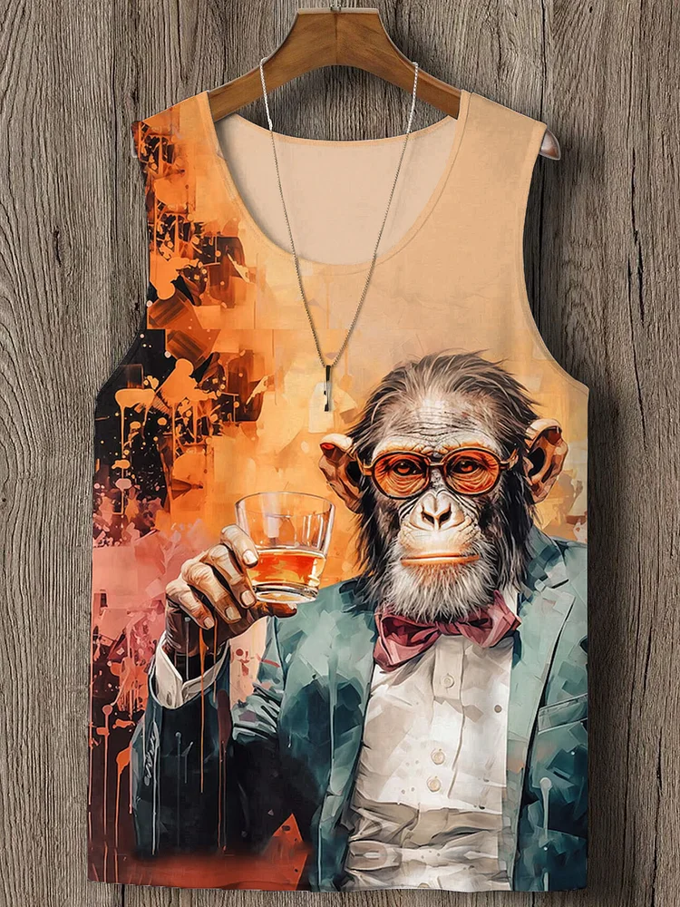 Men's Funny Monkey Gentleman Whiskey Oil Painting Print Tank Top