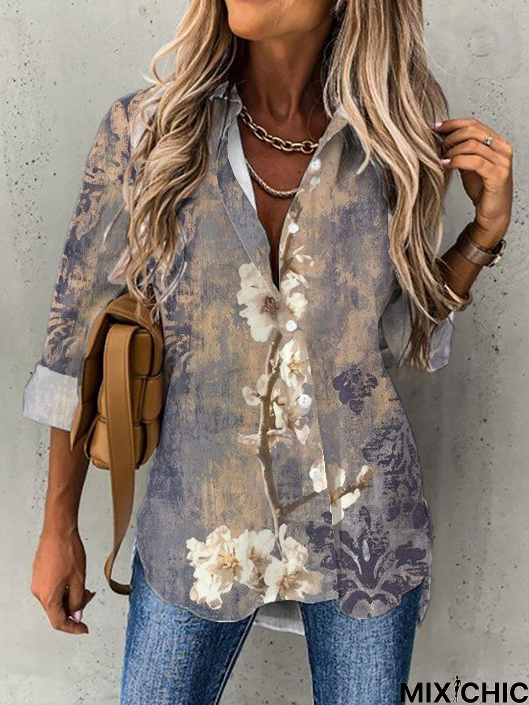 Floral Shirt Collar Tunic Blouse