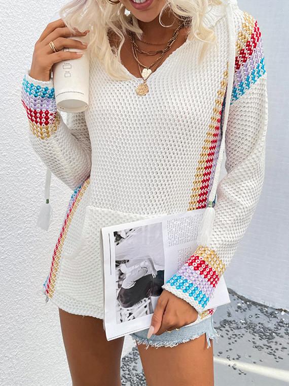 Women Long Sleeve V-neck Hooded Colorblock Top