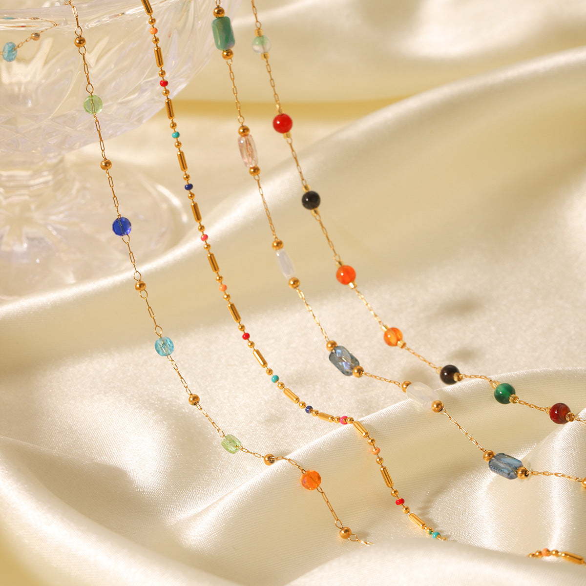 Dopamine Necklace Colorful Clip Bead Stainless Steel Necklace Design Natural Stone Round Bead Clavicle Necklace For Women