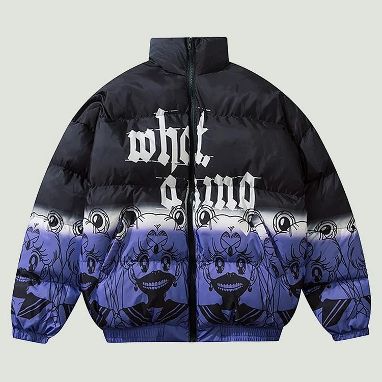 Hip Hop Oversized Padded Parkas Mens Harajuku Gradient Cartoon Girl Printed Coats Winter Cotton Warm Jackets Unisex Streetwear