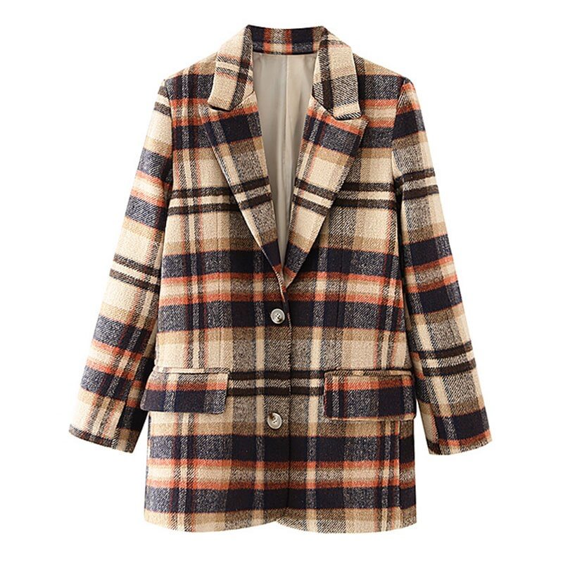Aachoae Vintage Plaid Printed Blazer Suits Women Notched Collar Long Sleeve Coats Elegant Single Breasted Outwear Tops Autumn