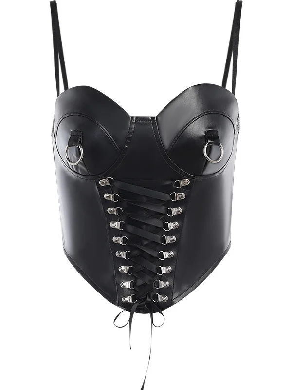 Gothic Dark Sleeveless Bandaged Spaghetti PU Solid Top