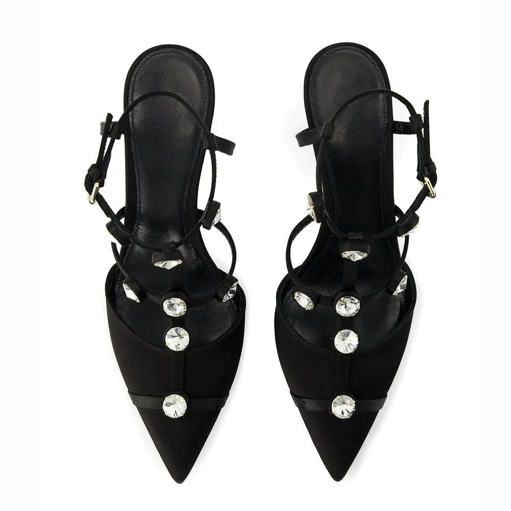 Black Pointed Toe Sculptural Heel Ankle Strap Rhinestone Pumps Shoes