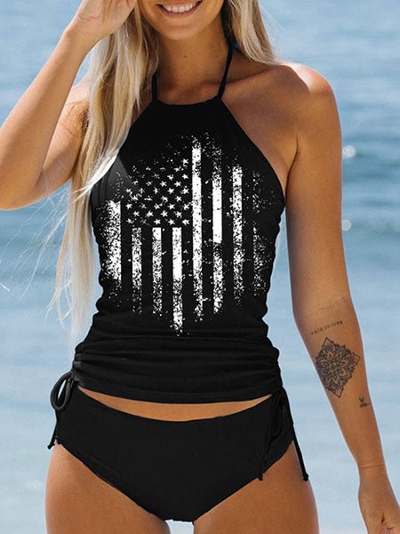 BLACK USA FLAG STRAPLESS KNOT SIDE TANKINI SETS