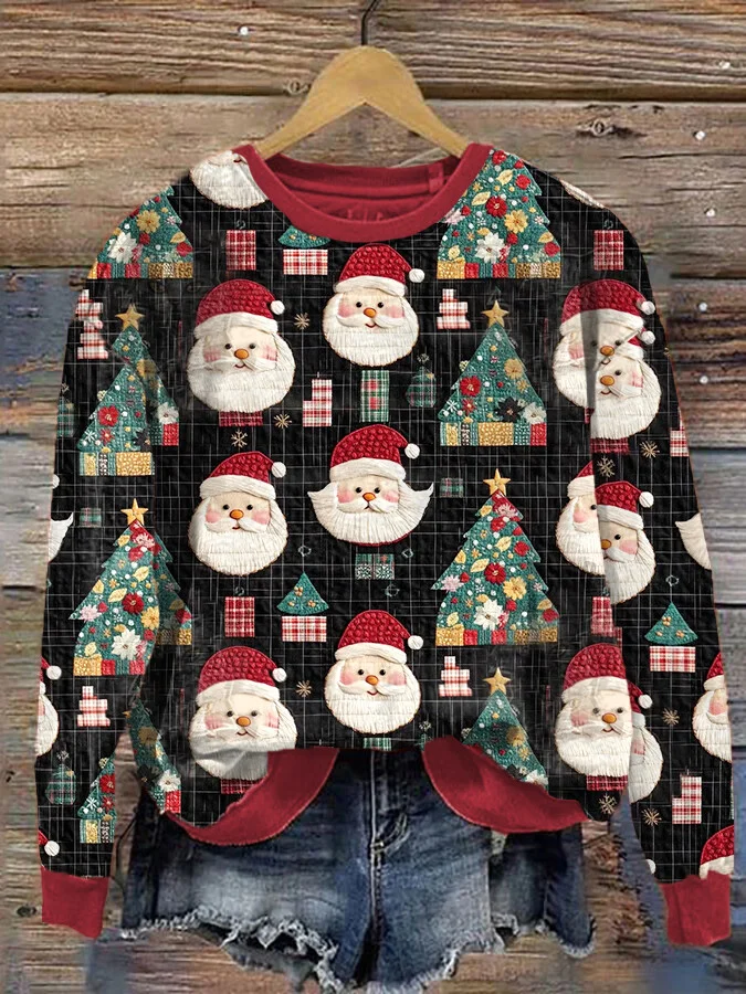 Women's Christmas Tree Santa Graphic Plaid Print Casual Sweatshirt