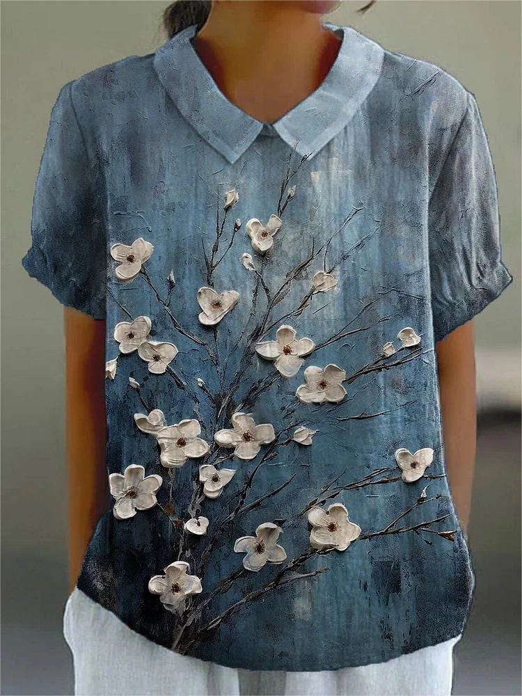 Women's  Flower  Art Print Casual Cotton And Linen Shirt