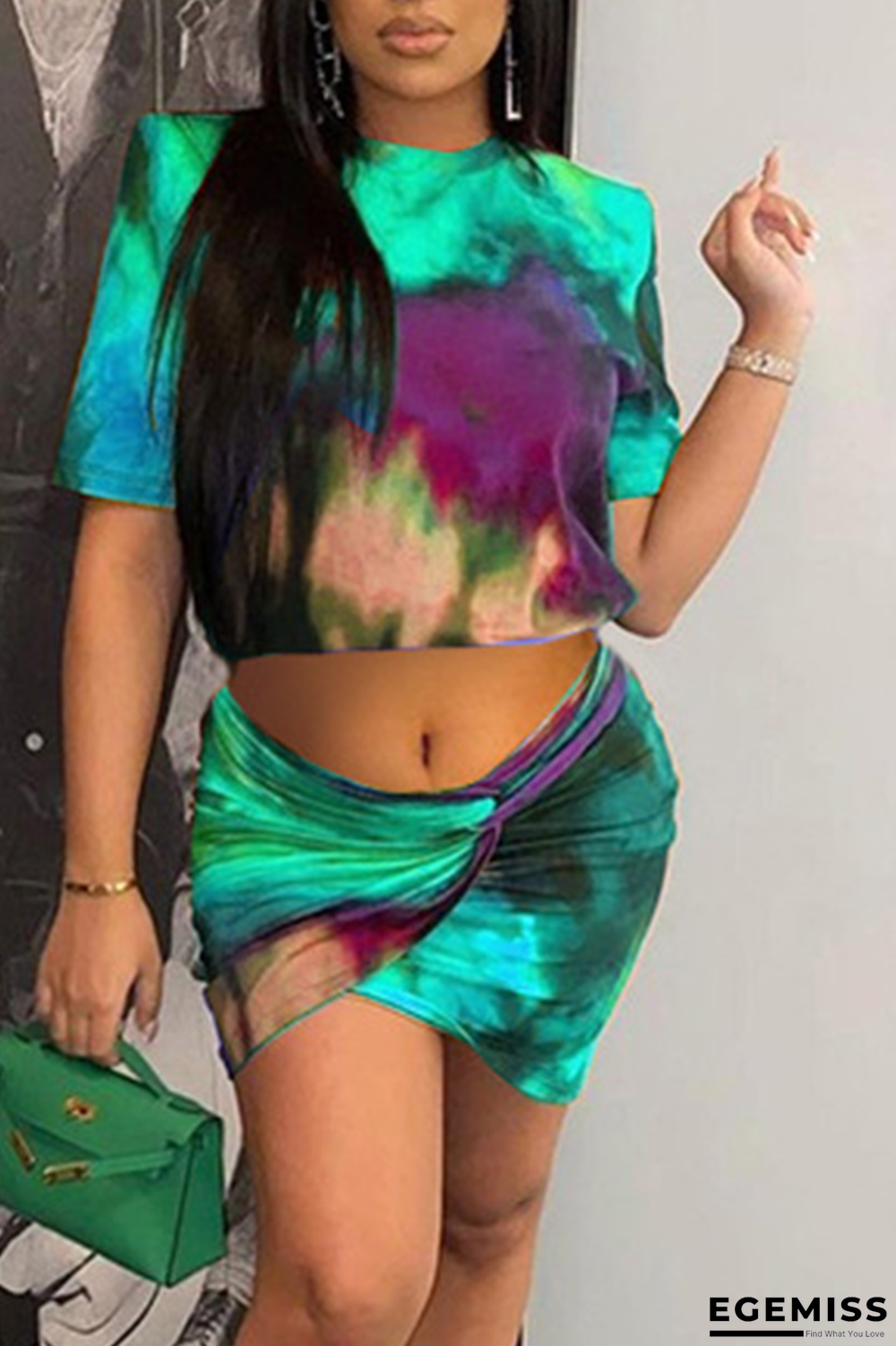 Green Sexy Patchwork Tie-dye O Neck Short Sleeve Two Pieces | EGEMISS