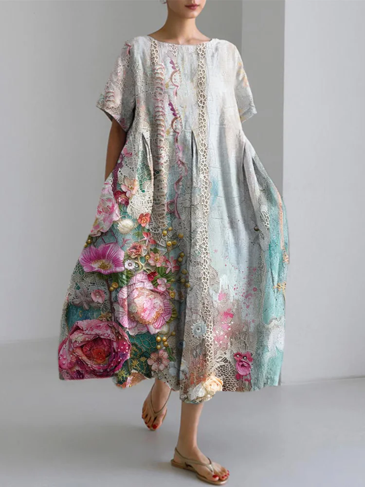 Vintage Floral Lace Splicing Cotton Linen Casual Dress-mysite
