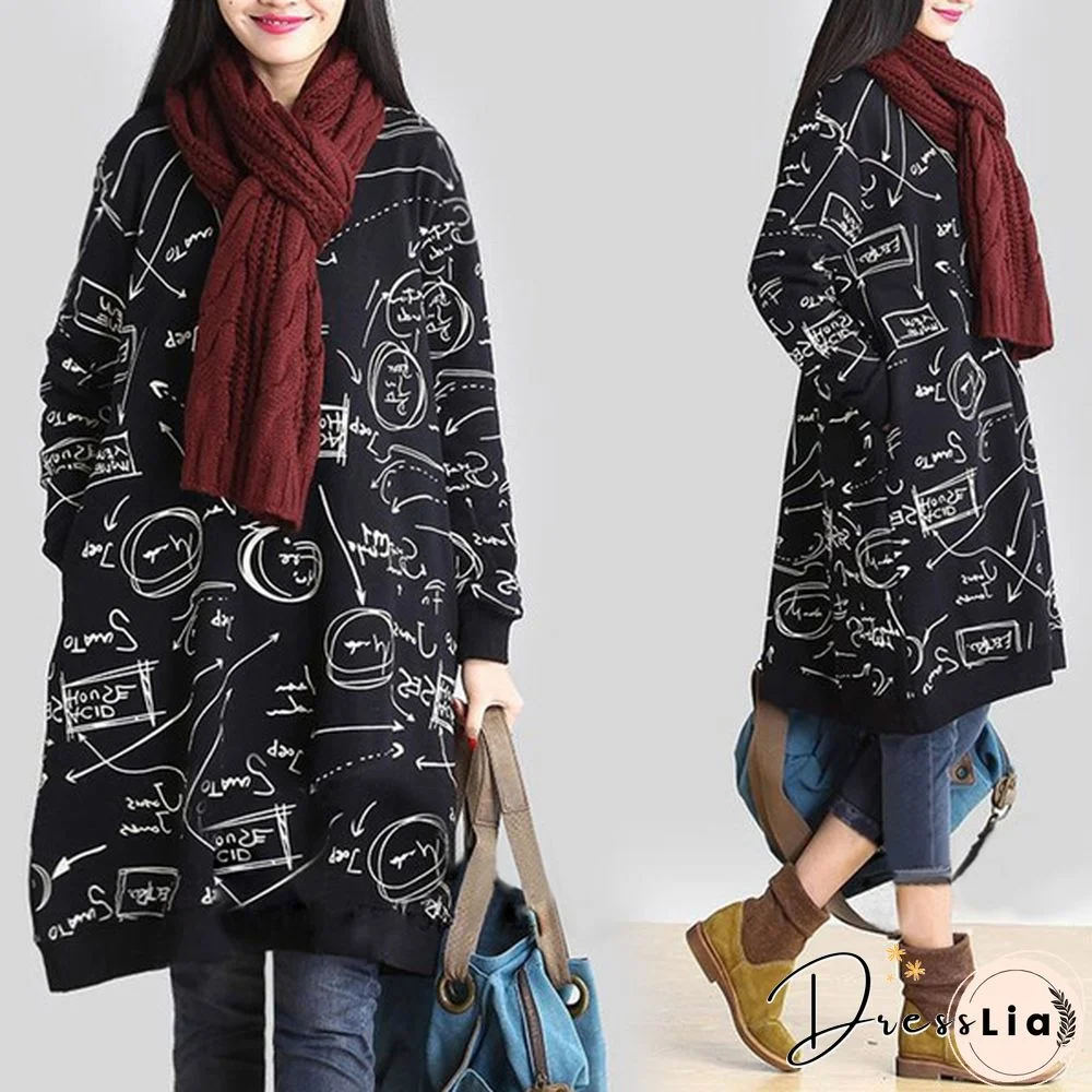 Autumn Winter Women Printed Midi Dress Tunic Long Sleeve Pockets Warm Vintage Casual Loose Long Sweatshirt Dress Plus Size