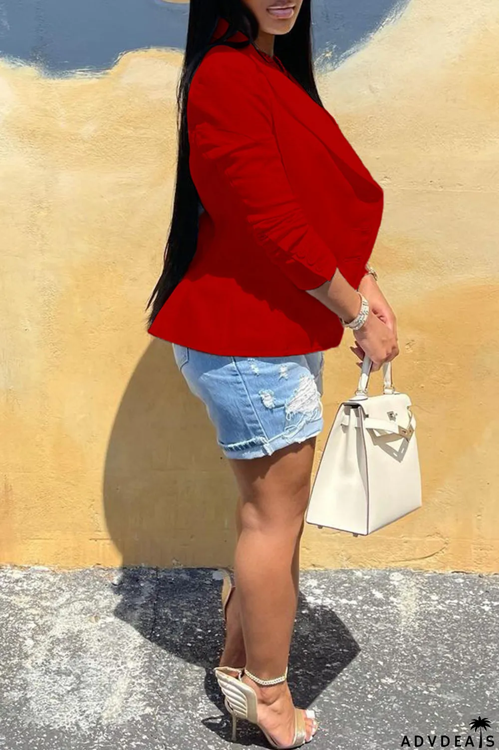 Red Fashion Casual Solid Cardigan Turndown Collar Outerwear