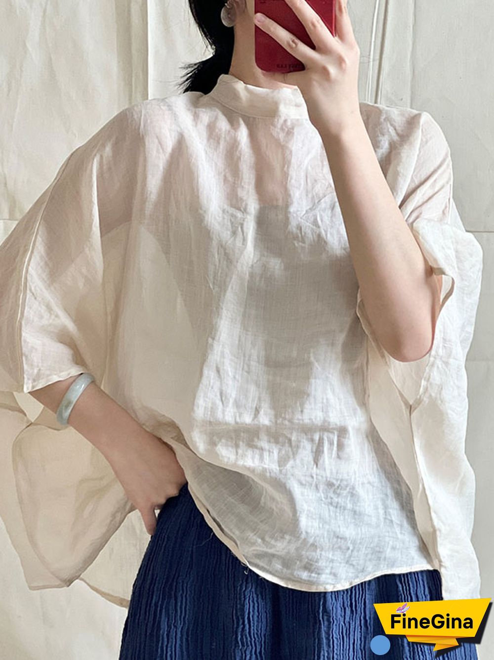 Batwing Sleeves Loose Lace-Up See-Through Solid Color Stand Collar Shirts Tops