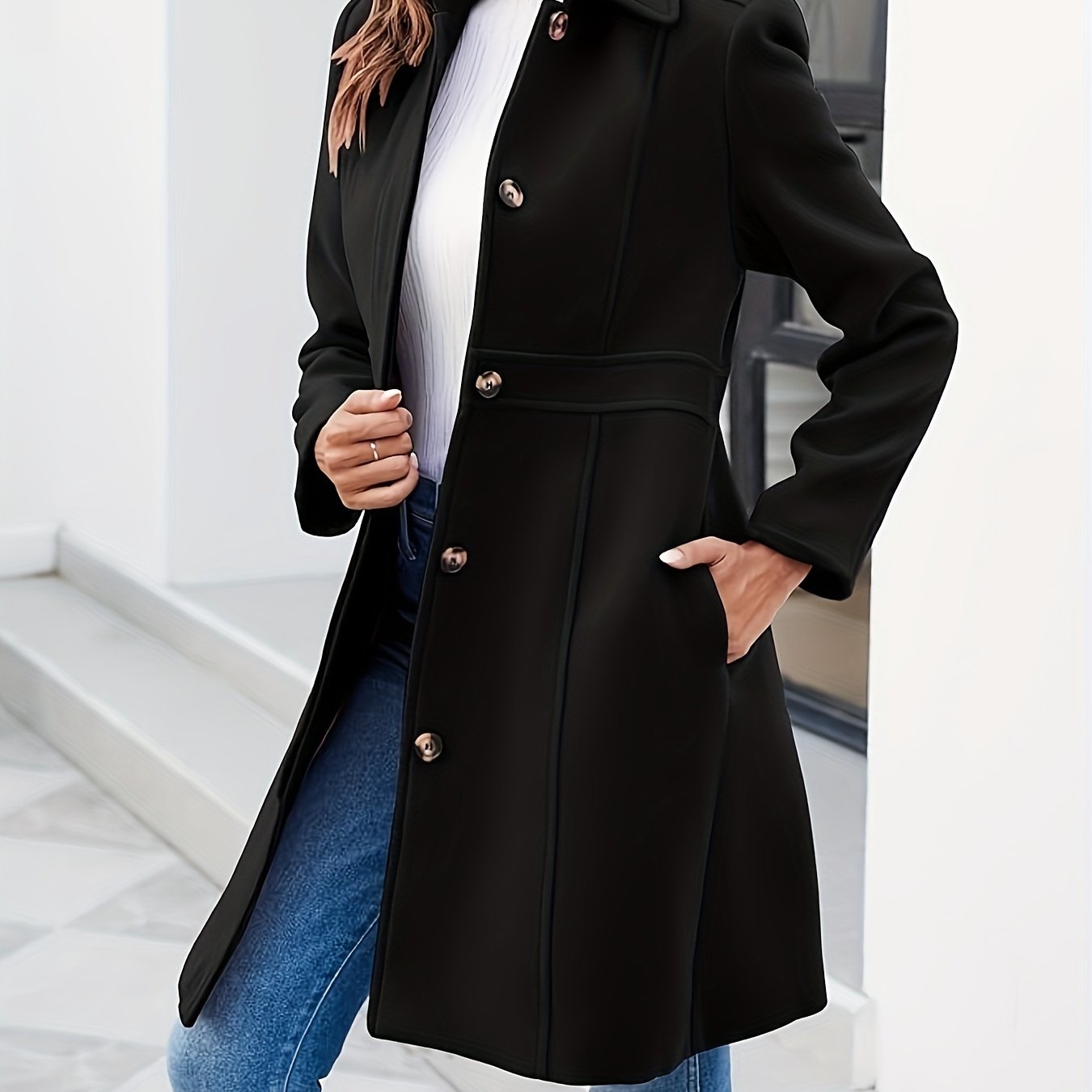 Single Breasted Solid Coat, Elegant Long Sleeve Collared Outerwear, Women's Clothing