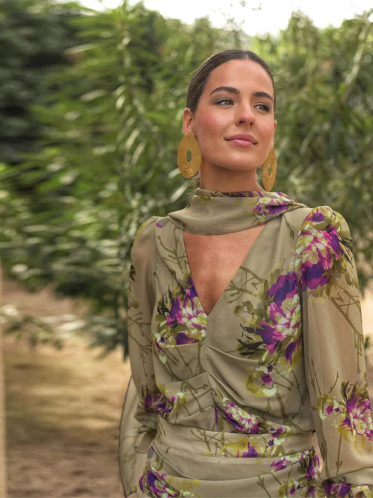 Uveng Women Elegant Flower Printed Gauze Pleated Dress Suits Chic V Neck Full Sleeved Top High Waist Long Dresses Set Lady Party Wear 413-0