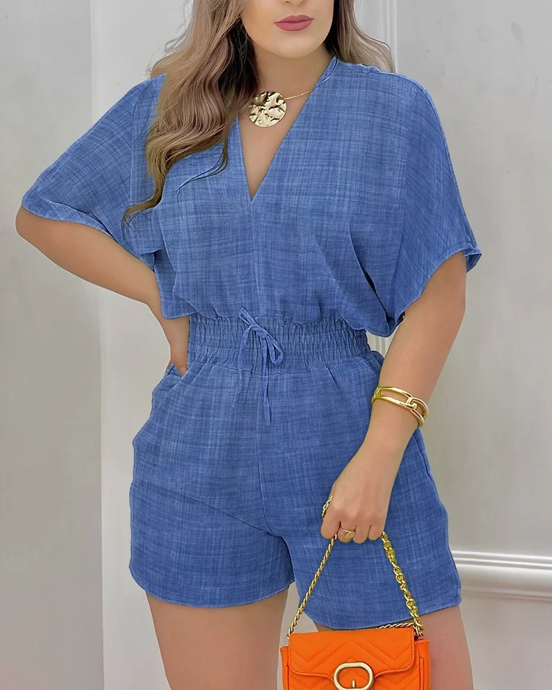 Uveng Uveng Summer New Women's Short-Sleeved V-Neck Tie With Waist Casual Shorts Jumpsuit