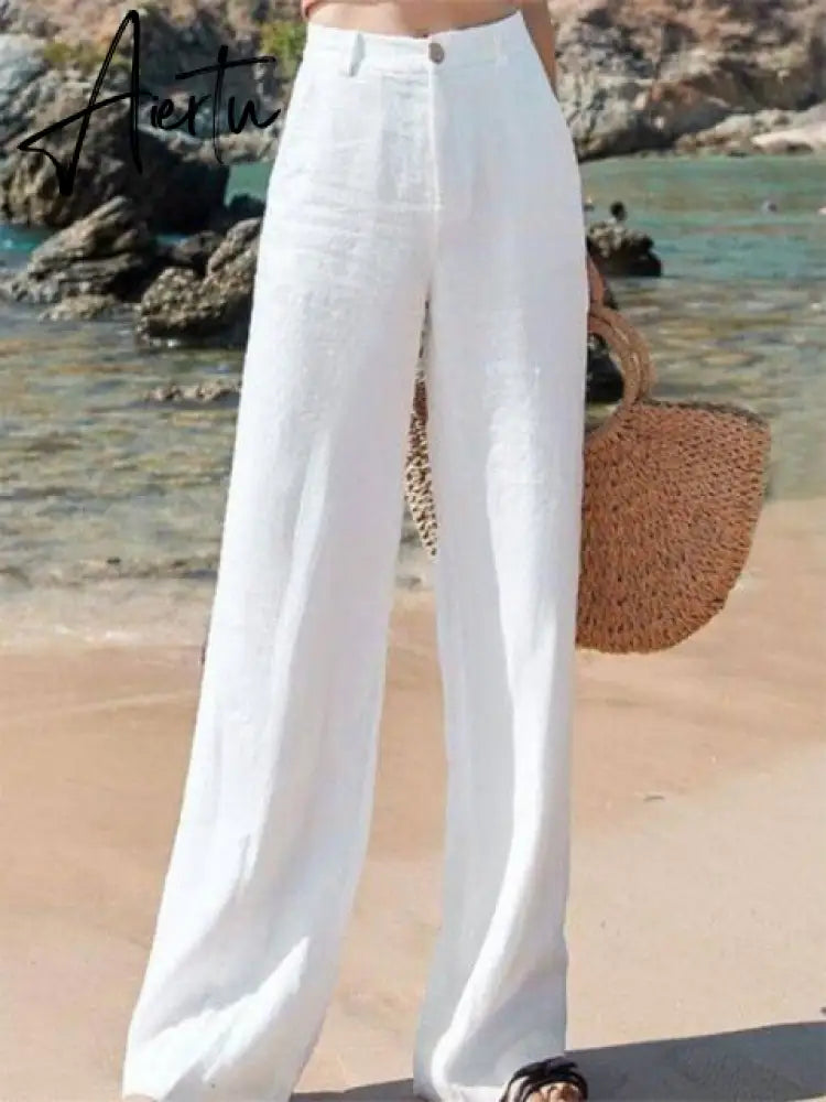 Aiertu Casual Cotton Linen wide leg Beach pants bohemian loose pants female  vintage high waist Solid color straight trousers women Aiertu