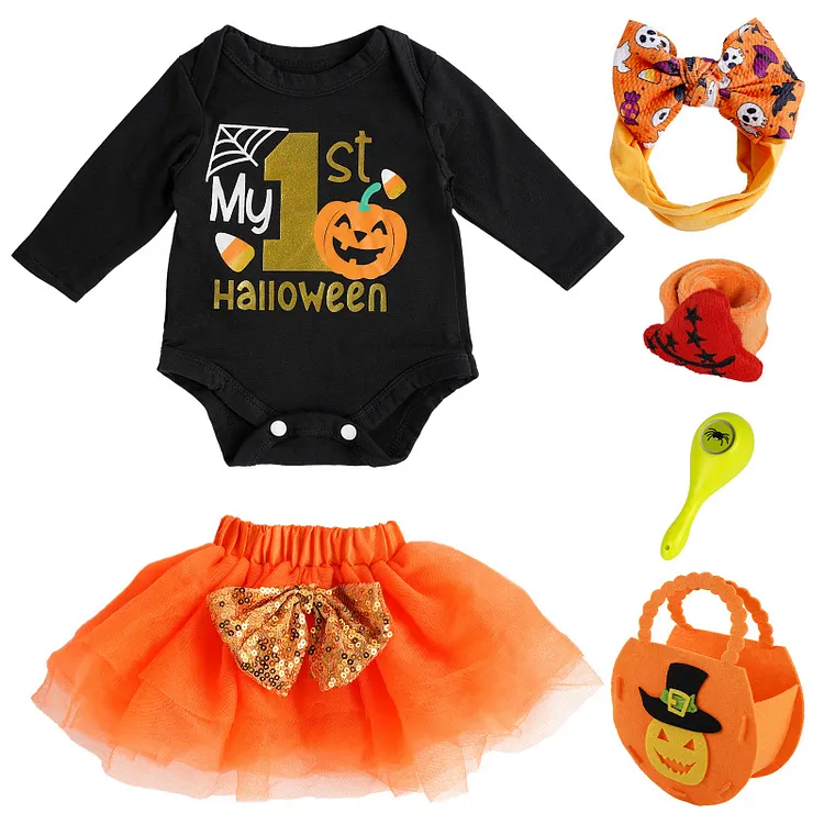 [US Warehouse Exclusive] Halloween Pumpkin Tutu Outfit Set for 17-22 Inch Baby Dolls