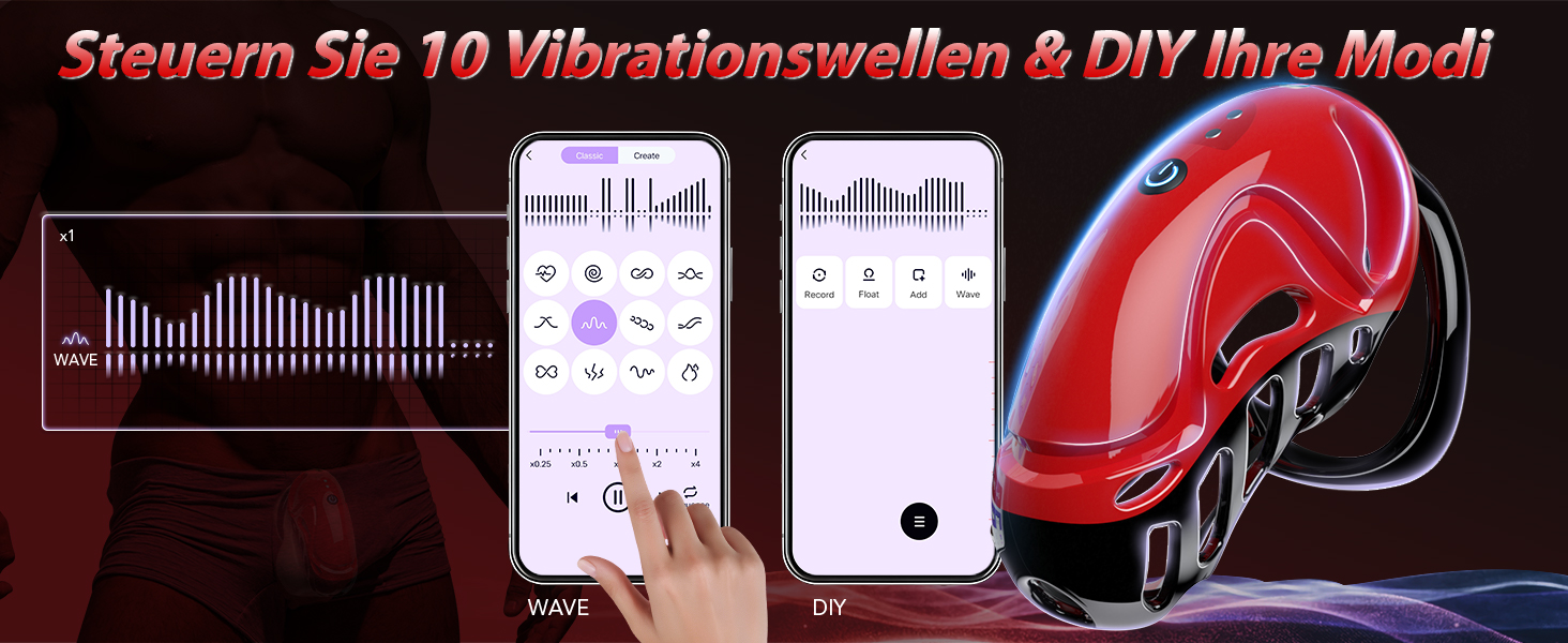 The text reads 'Control 10 Vibration Waves & DIY Your Modes.' Screenshot showing the mobile app interface with waveform patterns and control settings.