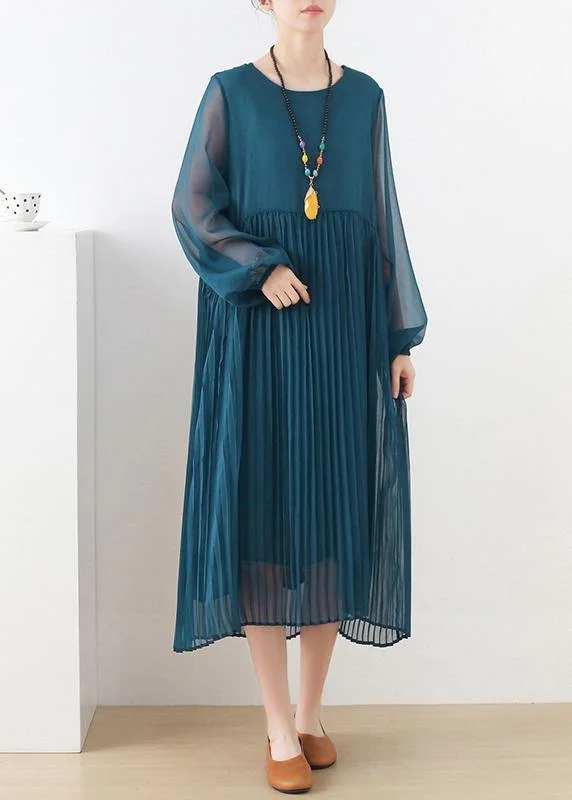 Style Blue Long Sleeve Chiffon O-Neck Summer Dresses