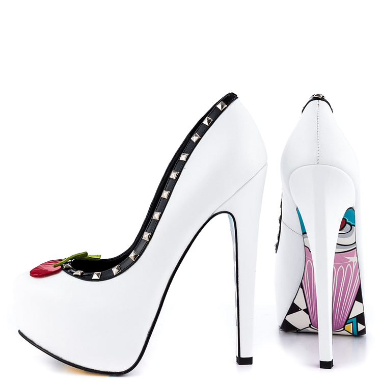 Women's White Rivets Floral Print Stiletto Heels Pumps Platform Heels |FSJ Shoes