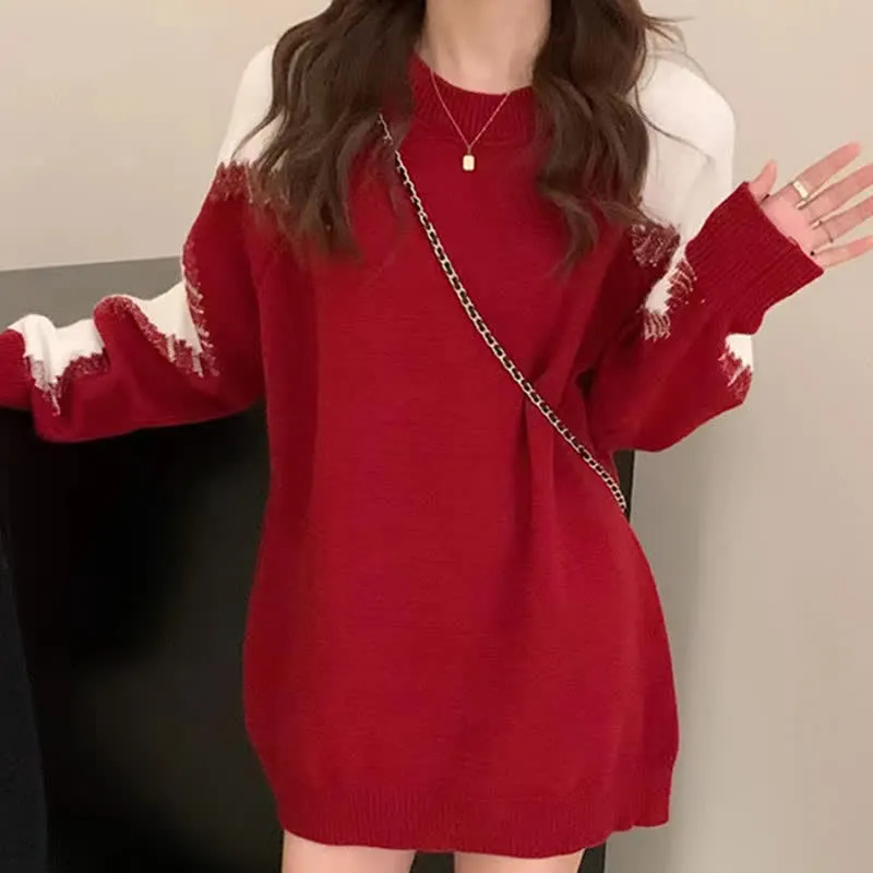 Chic Colorblock Round Collar Knit Loose Sweater