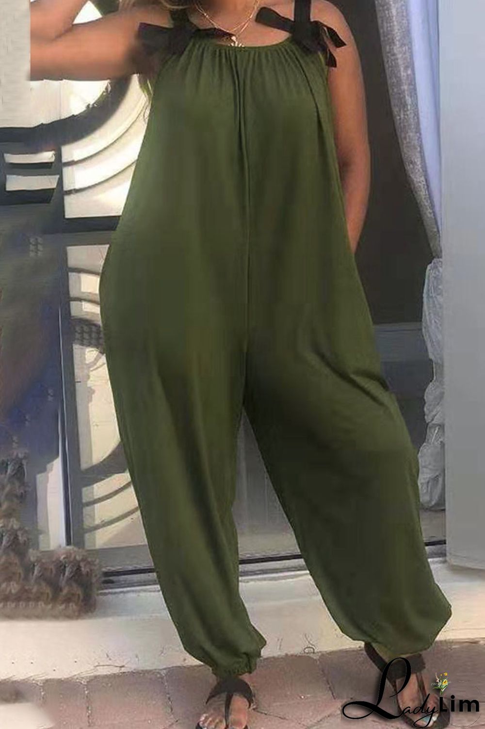 Burgundy Casual Solid Split Joint Spaghetti Strap Loose Jumpsuits