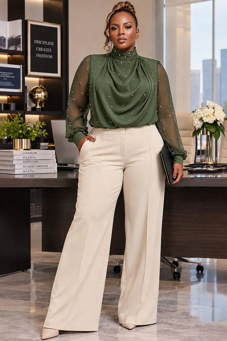 Xpluswear Design Plus Size Business Casual Green Mock Neck Long