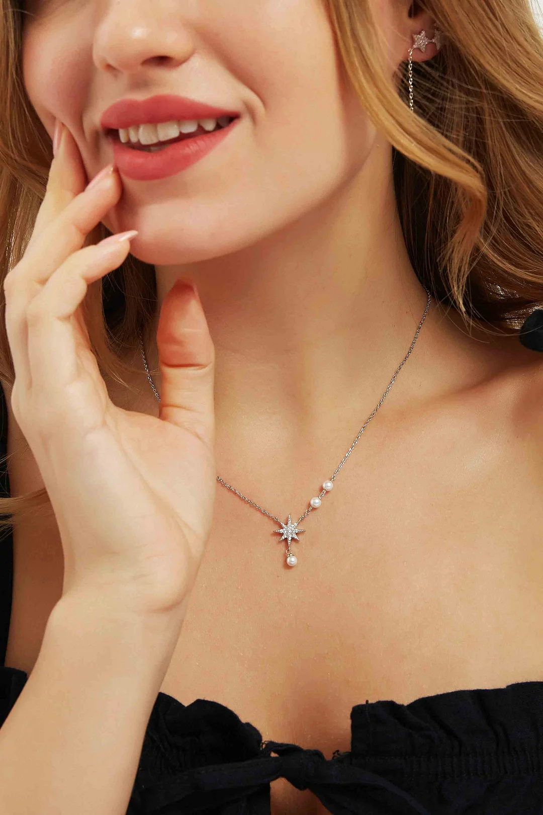 Union of Pearl and Star Asymmetric Silver Necklace