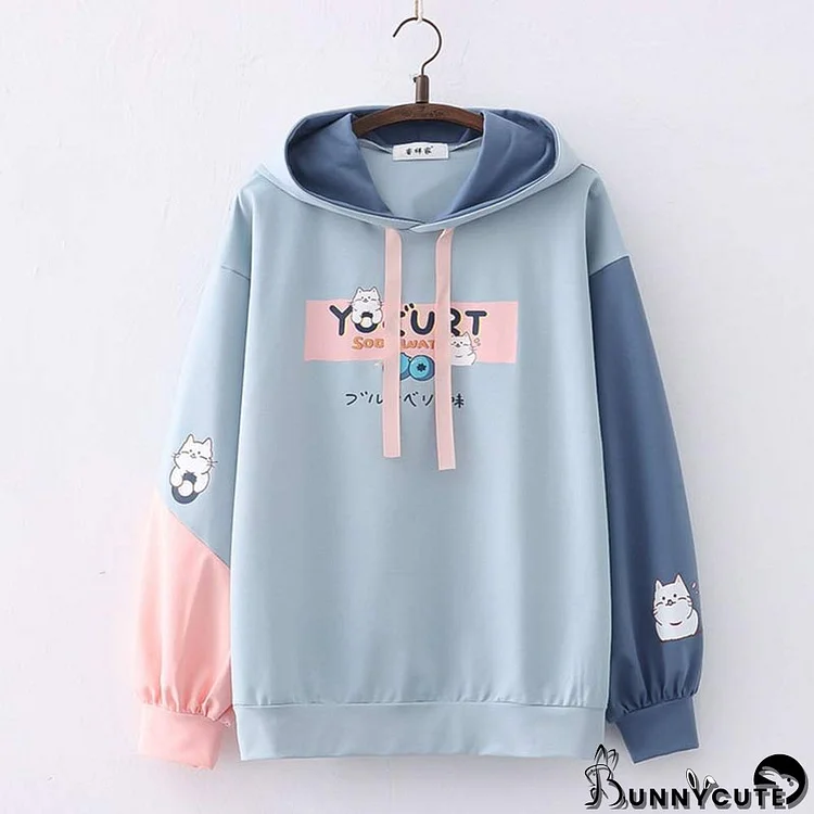 Cartoon Kitty Letter Print Colorblock Hoodie