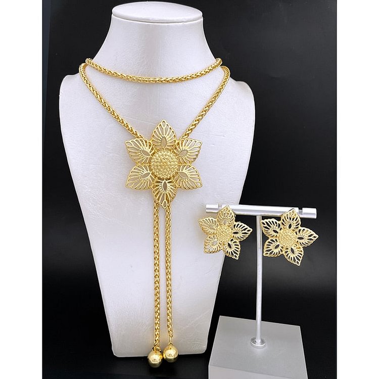 Dubai gold color Jewelry For Women Long Chain Necklace Color Hollow Out Big Pendant Earrings Set