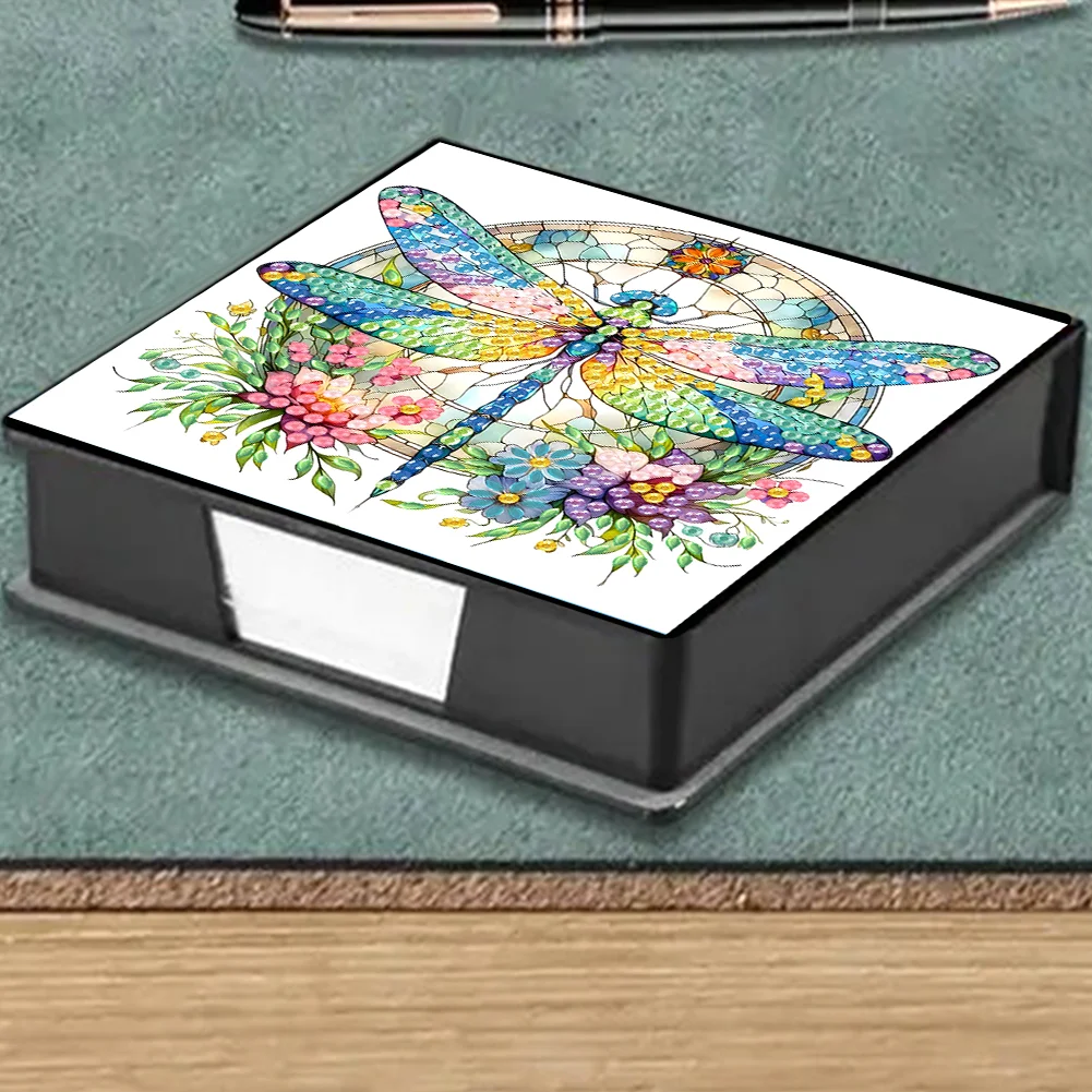 DIY Flower Dragonfly Leather Diamond Art Note Box with 160 Sheets of Paper for Beginners