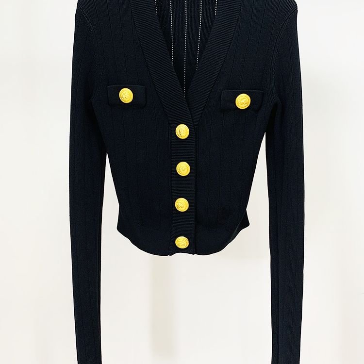 Fongt STREET Newest 2022 Designer Jacket Women's Lion Buttons V-neck Crop Knit Cardigan