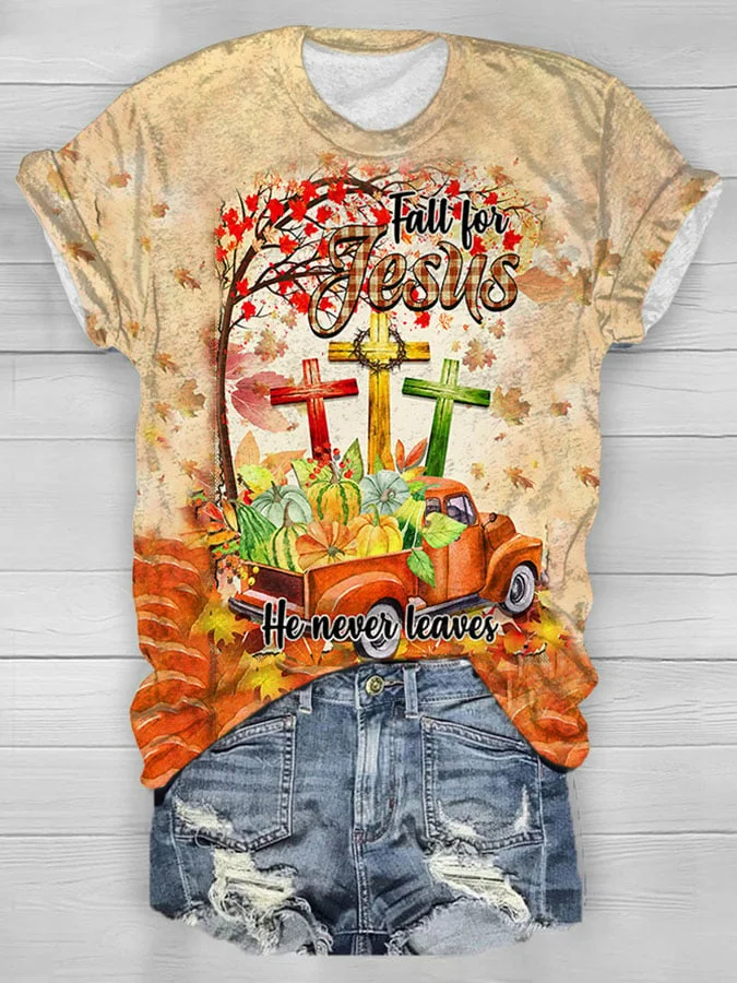 Retro Fall For Jesus He Never Leaves Pumpkin Truck Maple Leafs Print Shirt