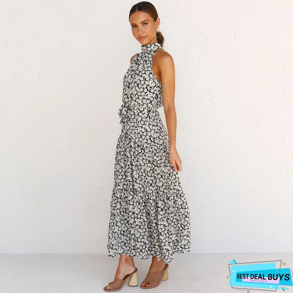 Neck Print Lace-Up Dress