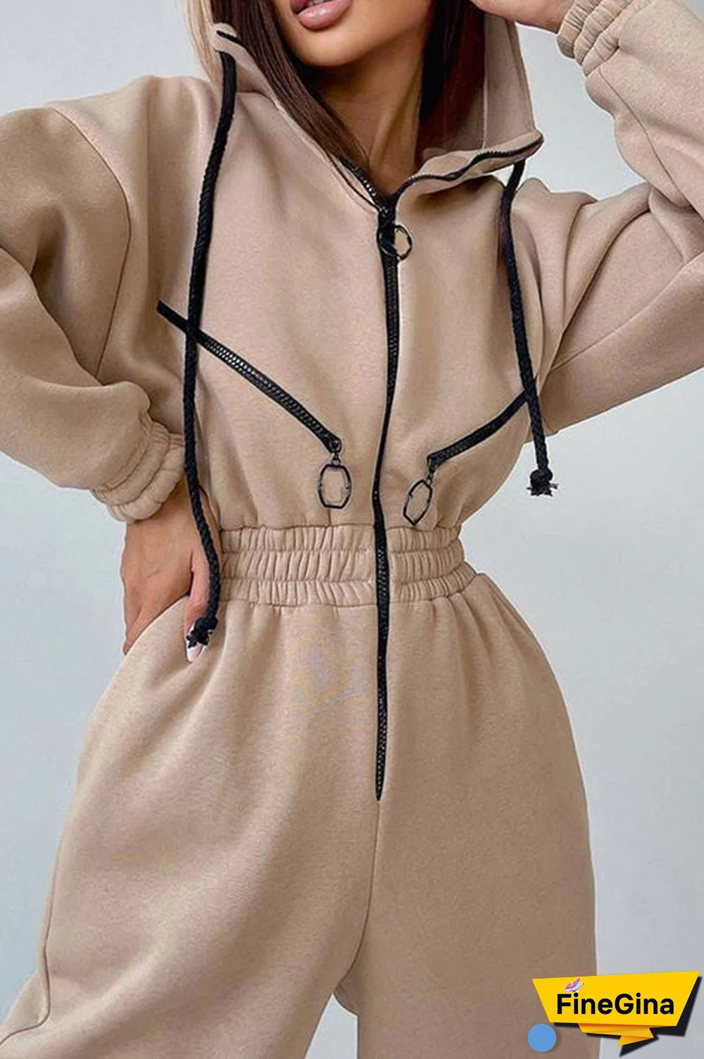 Zip Up Drop Shoulder Hooded Jumpsuit