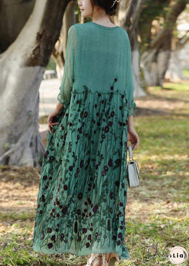 Stylish Lake Green Embroideried Patchwork Silk Long Dress Half Sleeve